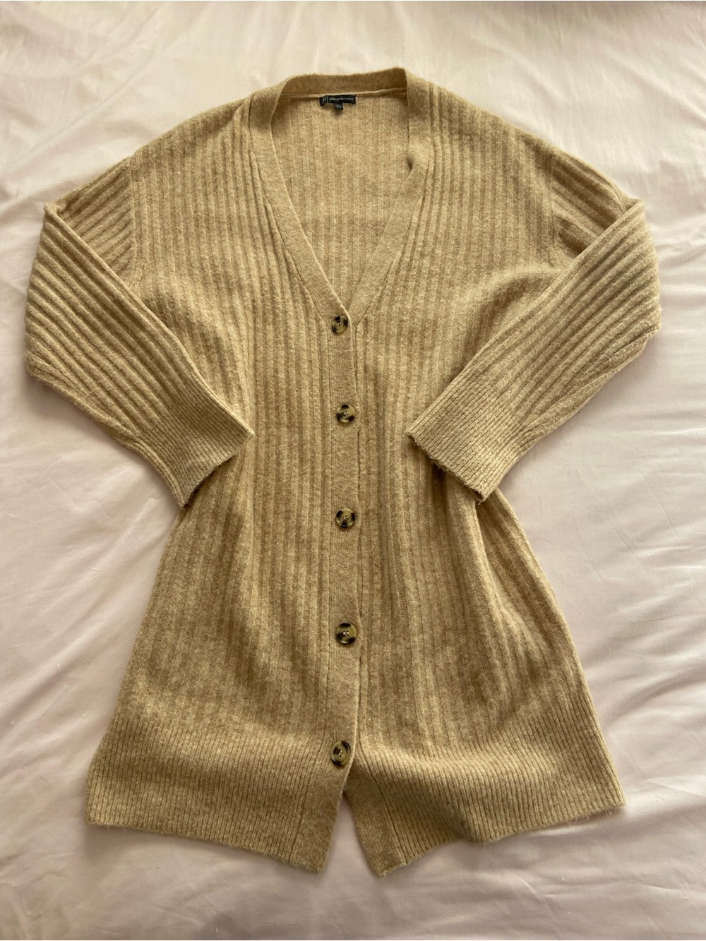 Adrianna Papell Beige Long Ribbed V-Neck Button Cardigan
